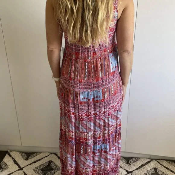 Size 10 FLOWER Red Maxi Boho Dress with Scoop Neckline - Picture 4 of 8